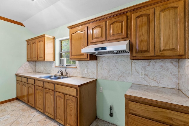 908 E Belknap St, Ennis, TX 75119 - kitchen with under cabinet range hood, a sink, vaulted ceiling, backsplash, and light countertops