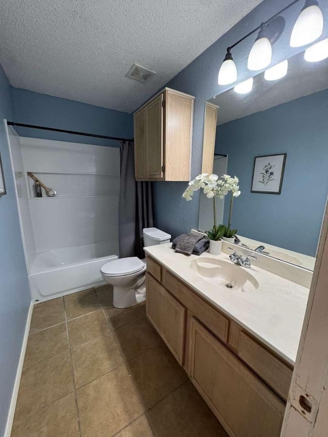 full bath with toilet, visible vents, shower / bathtub combination with curtain, and a textured ceiling