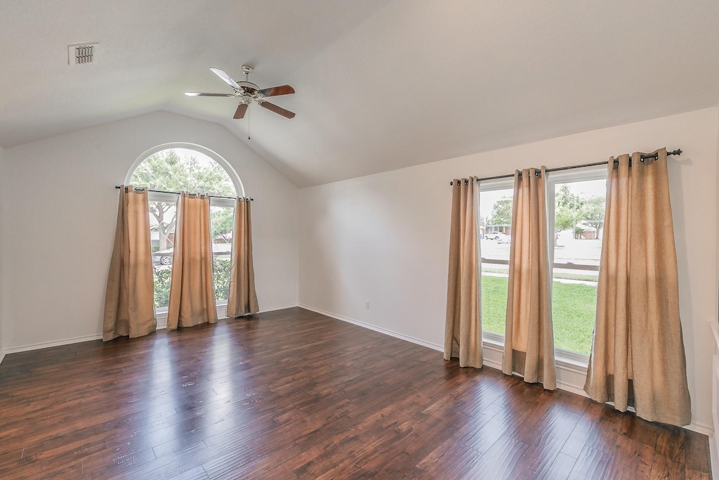2124 Stoneridge Dr, Keller, TX 76248 - empty room with a ceiling fan, vaulted ceiling, and dark wood finished floors