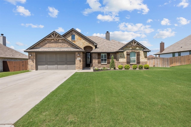 view of front facade with concrete driveway, an attached garage, brick siding, and a front yard