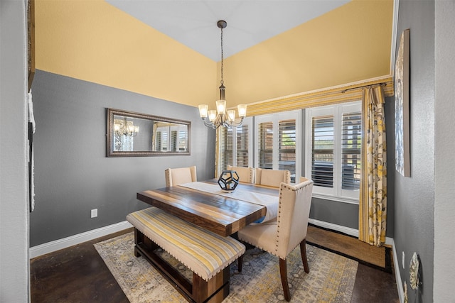 dining area with a textured wall, baseboards, high vaulted ceiling, and a notable chandelier