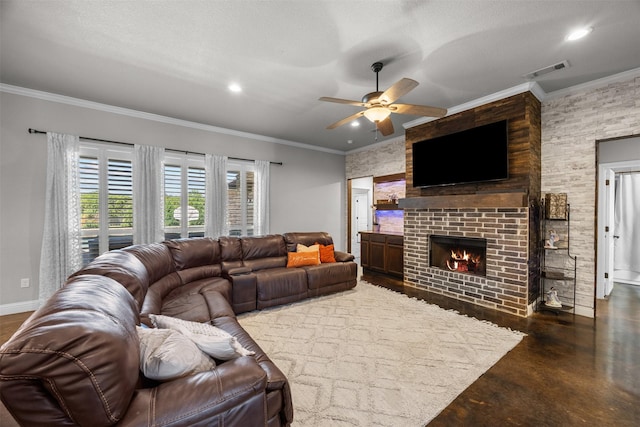living room featuring visible vents, a large fireplace, crown molding, ceiling fan, and concrete floors
