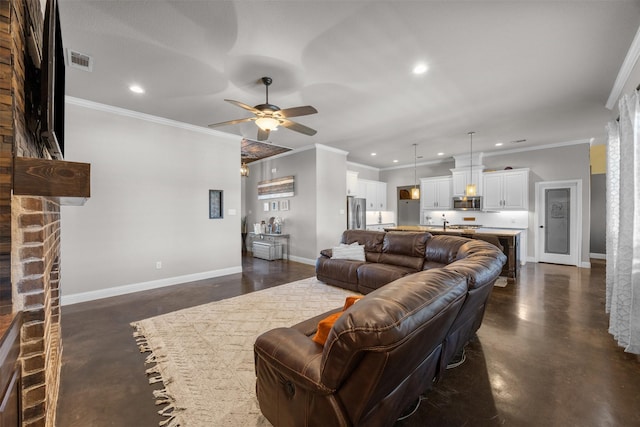 living room with ceiling fan, recessed lighting, visible vents, and concrete flooring