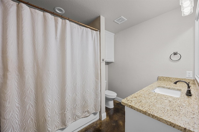 bathroom with concrete floors, toilet, visible vents, baseboards, and vanity