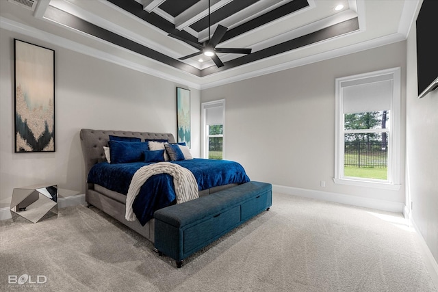 carpeted bedroom with baseboards, ornamental molding, recessed lighting, and coffered ceiling