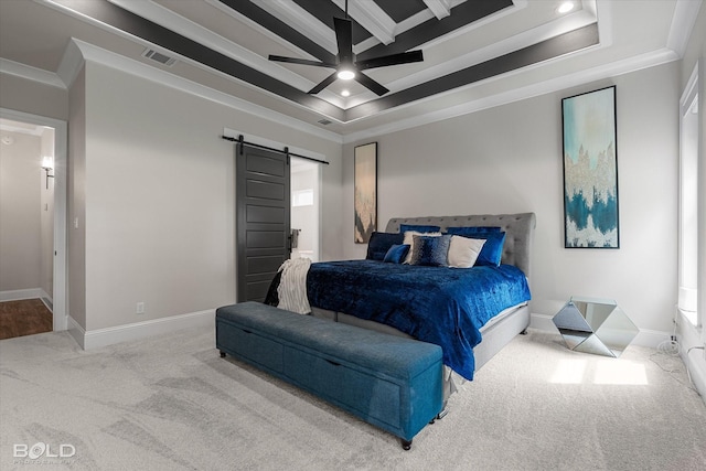 bedroom featuring a barn door, ornamental molding, carpet flooring, visible vents, and beamed ceiling