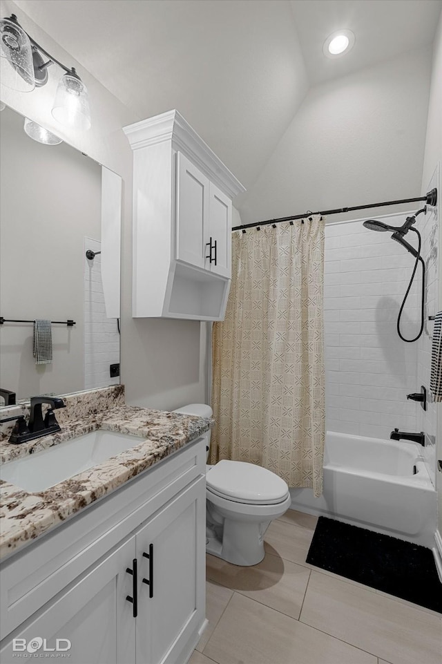 full bathroom with toilet, vanity, tile patterned floors, vaulted ceiling, and shower / bathtub combination with curtain