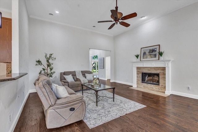 188 Jordan Ct, Lucas, TX 75002 - living area featuring ceiling fan, a fireplace, wood finished floors, crown molding, and baseboards