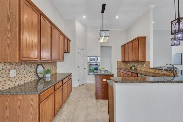 188 Jordan Ct, Lucas, TX 75002 - kitchen featuring stainless steel appliances, brown cabinetry, dark stone countertops, tasteful backsplash, and crown molding
