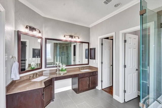 188 Jordan Ct, Lucas, TX 75002 - full bath featuring ornamental molding, a stall shower, double vanity, and a textured wall