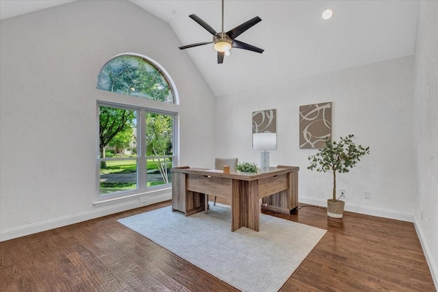 188 Jordan Ct, Lucas, TX 75002 - home office with high vaulted ceiling, ceiling fan, wood finished floors, and baseboards