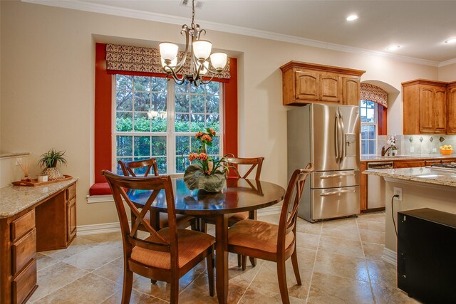 10853 Dixon Branch Dr, Dallas, TX 75218 - dining space with visible vents, recessed lighting, a chandelier, crown molding, and baseboards