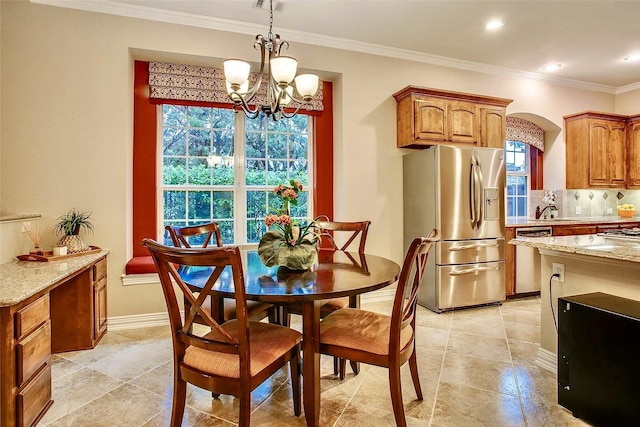 10853 Dixon Branch Dr, Dallas, TX 75218 - dining space with a chandelier, ornamental molding, baseboards, and recessed lighting