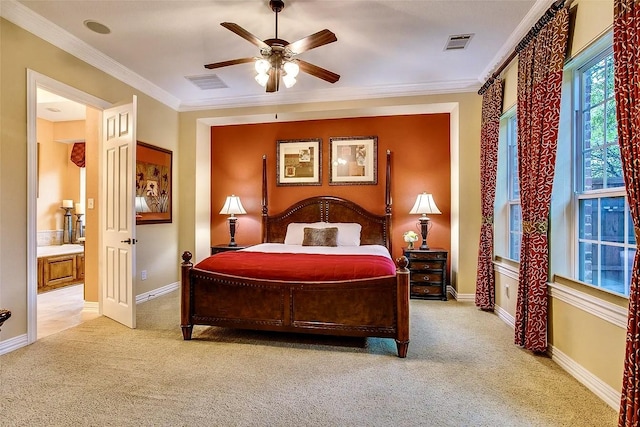 10853 Dixon Branch Dr, Dallas, TX 75218 - bedroom with light colored carpet, crown molding, baseboards, and ceiling fan