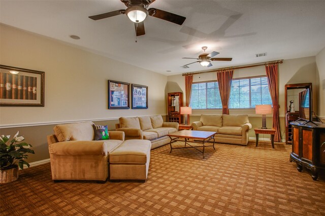 10853 Dixon Branch Dr, Dallas, TX 75218 - living room featuring baseboards, light carpet, visible vents, and ceiling fan