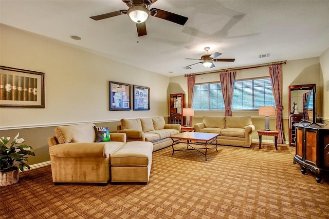 10853 Dixon Branch Dr, Dallas, TX 75218 - living room with ceiling fan, light carpet, and baseboards