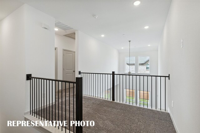 1359 Whipsaw Trl, Celina, TX 75009 - corridor with carpet flooring, an upstairs landing, visible vents, baseboards, and recessed lighting