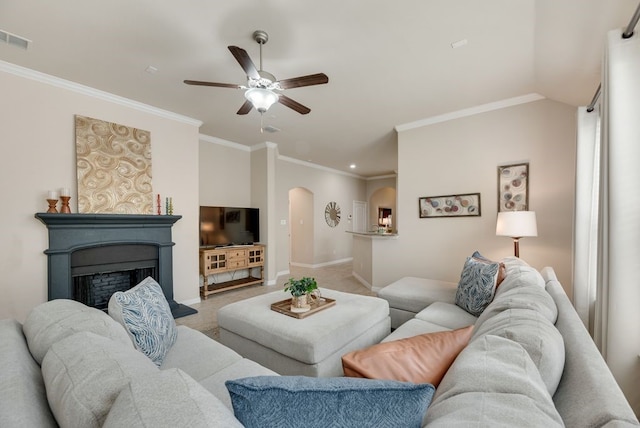 4416 Coney Island Dr, Frisco, TX 75036 - living room featuring a ceiling fan, visible vents, baseboards, arched walkways, and ornamental molding