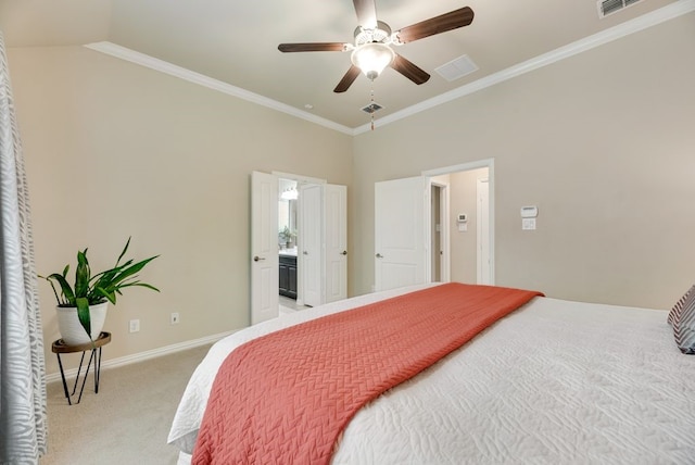 4416 Coney Island Dr, Frisco, TX 75036 - bedroom with a ceiling fan, baseboards, ornamental molding, visible vents, and light colored carpet