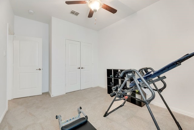 4416 Coney Island Dr, Frisco, TX 75036 - exercise room featuring a ceiling fan, carpet flooring, visible vents, and baseboards