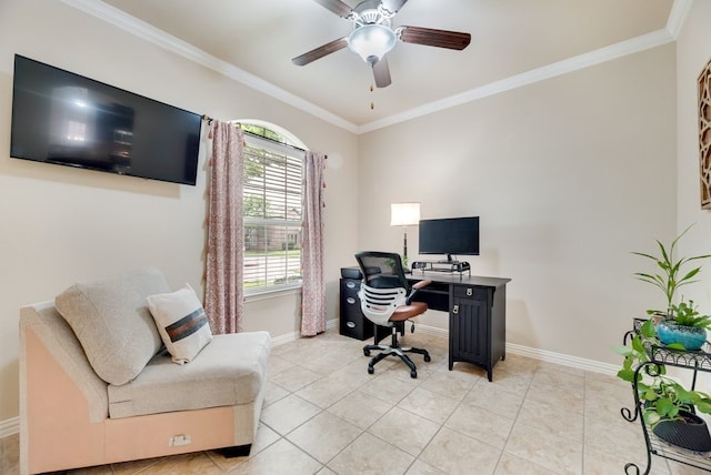 4416 Coney Island Dr, Frisco, TX 75036 - office area featuring baseboards, ceiling fan, ornamental molding, and light tile patterned flooring