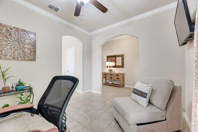 4416 Coney Island Dr, Frisco, TX 75036 - office area with ornamental molding, light tile patterned flooring, visible vents, arched walkways, and a ceiling fan