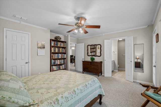 bedroom featuring a ceiling fan, carpet, baseboards, ornamental molding, and visible vents