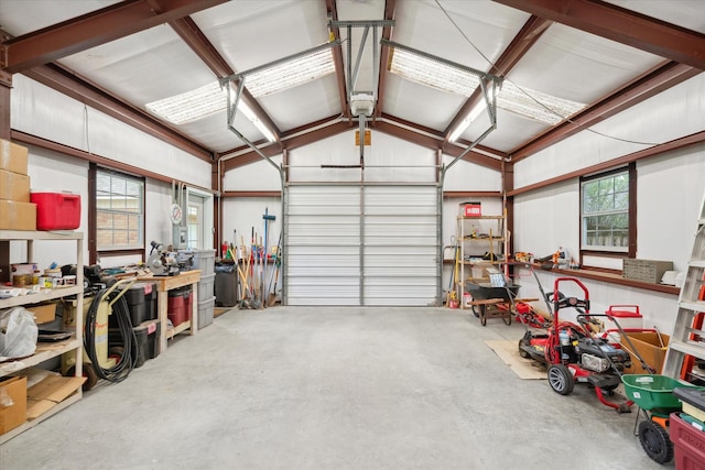 garage with a workshop area