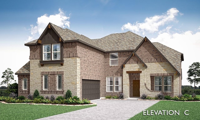 view of front of house with a garage, a front lawn, stone siding, and driveway
