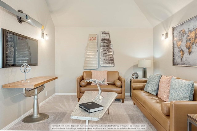 living room with carpet flooring, baseboards, and lofted ceiling