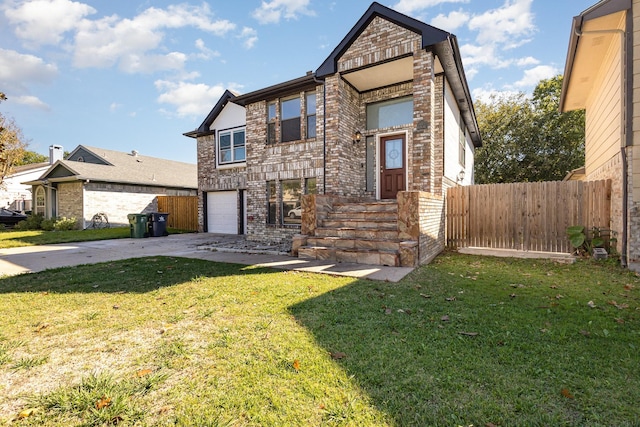 view of front of house with fence, an attached garage, brick siding, driveway, and a front lawn
