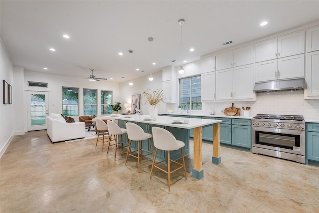 kitchen with under cabinet range hood, backsplash, light countertops, and high end stainless steel range