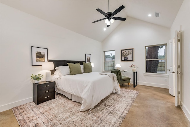 bedroom with recessed lighting, visible vents, baseboards, and high vaulted ceiling