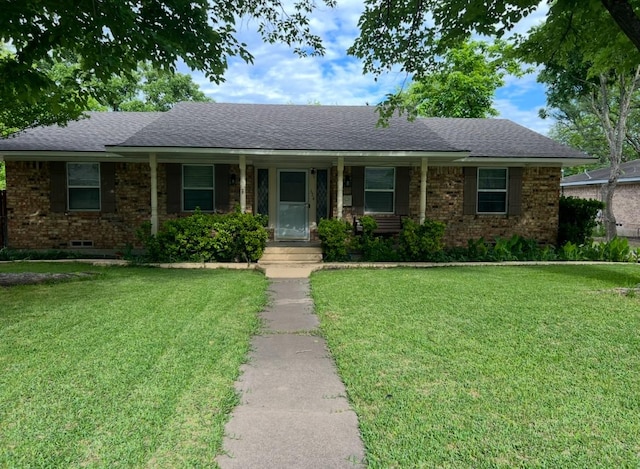 524 Terrace Dr, Desoto, TX 75115 - ranch-style home with a front yard, a shingled roof, and brick siding