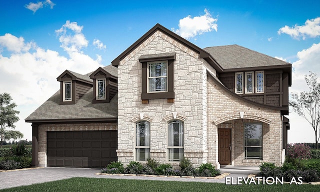 4029 Alpine St, Midlothian, TX 76065 - french country home featuring stone siding, roof with shingles, an attached garage, and driveway