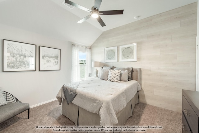 4029 Alpine St, Midlothian, TX 76065 - carpeted bedroom with lofted ceiling, baseboards, visible vents, and a ceiling fan