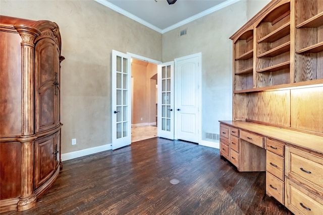 unfurnished office with baseboards, french doors, visible vents, and dark wood finished floors