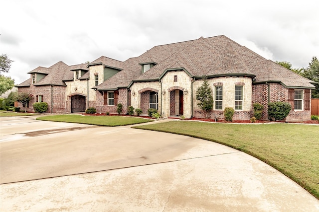 french country home with brick siding, a front lawn, stone siding, and driveway