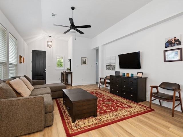 1509 Horizon Way, Northlake, TX 76247 - living area with a ceiling fan, vaulted ceiling, visible vents, and wood finished floors