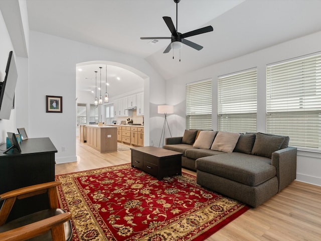 1509 Horizon Way, Northlake, TX 76247 - living room featuring vaulted ceiling, ceiling fan, light wood-type flooring, and a healthy amount of sunlight