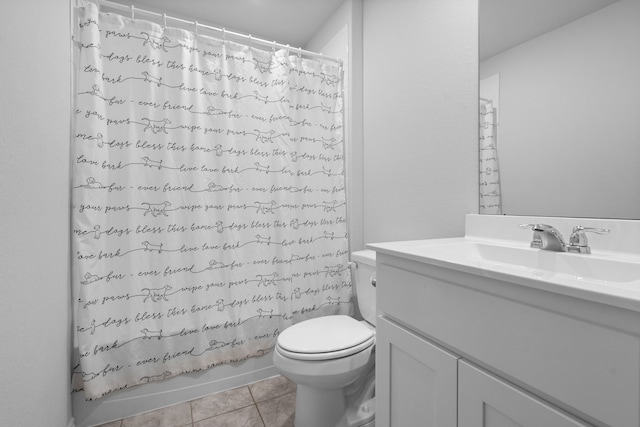 716 Emmons Creek St, Justin, TX 76247 - bathroom with toilet, tile patterned flooring, vanity, and shower / bathtub combination with curtain