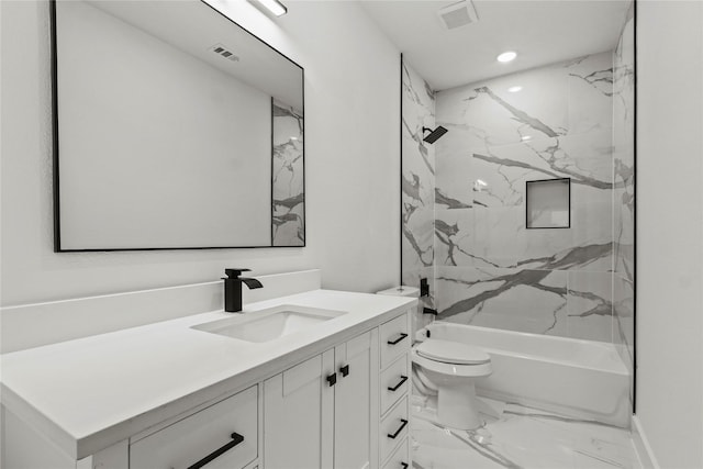 bathroom with toilet, marble finish floor, vanity, visible vents, and washtub / shower combination