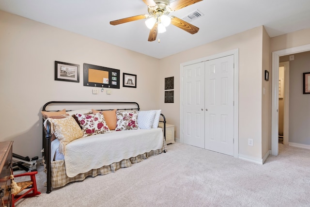 5125 Golden Ln, Fort Worth, TX 76123 - bedroom with a closet, carpet floors, visible vents, baseboards, and ceiling fan