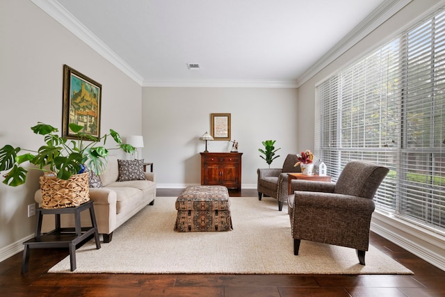 5125 Golden Ln, Fort Worth, TX 76123 - living area featuring baseboards, ornamental molding, hardwood / wood-style floors, and visible vents