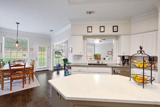 5125 Golden Ln, Fort Worth, TX 76123 - kitchen featuring a sink, visible vents, crown molding, backsplash, and stainless steel dishwasher