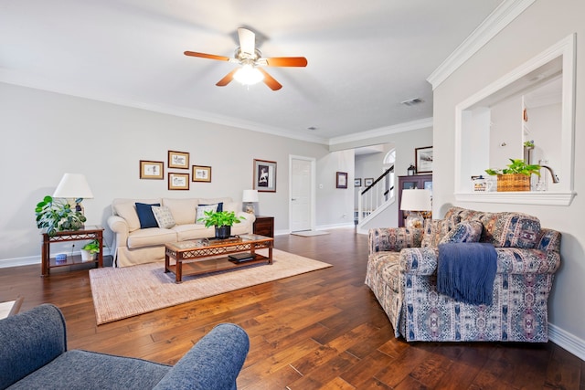 5125 Golden Ln, Fort Worth, TX 76123 - living room featuring hardwood / wood-style flooring, ornamental molding, stairway, a ceiling fan, and baseboards