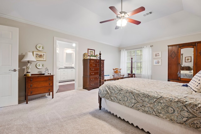 5125 Golden Ln, Fort Worth, TX 76123 - carpeted bedroom with lofted ceiling, ornamental molding, visible vents, and ceiling fan