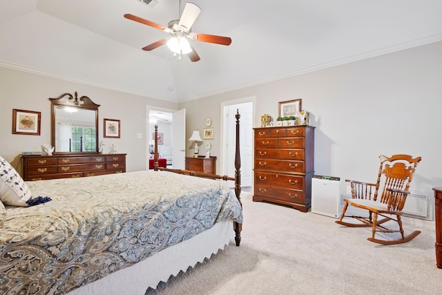 5125 Golden Ln, Fort Worth, TX 76123 - bedroom with ceiling fan, visible vents, crown molding, vaulted ceiling, and carpet floors