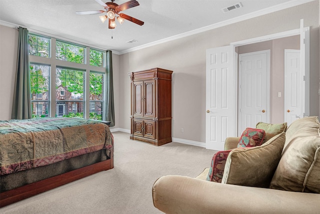 4600 Winter Park Dr, Richardson, TX 75082 - bedroom with light carpet, baseboards, ornamental molding, and a ceiling fan
