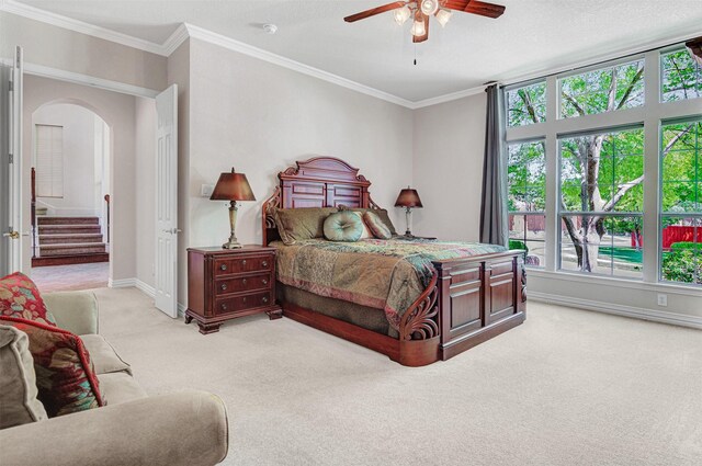 4600 Winter Park Dr, Richardson, TX 75082 - bedroom with light carpet, crown molding, baseboards, and a ceiling fan
